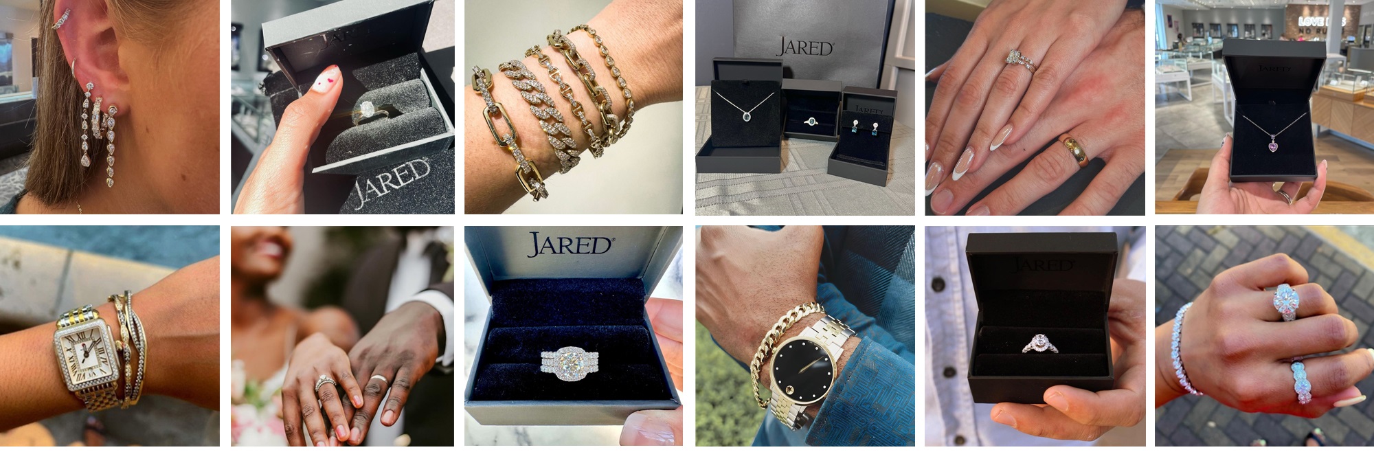 Multiple images of customer generated photos of them with multiple jewelry purchases from Jared The Galleria Of Jewelry